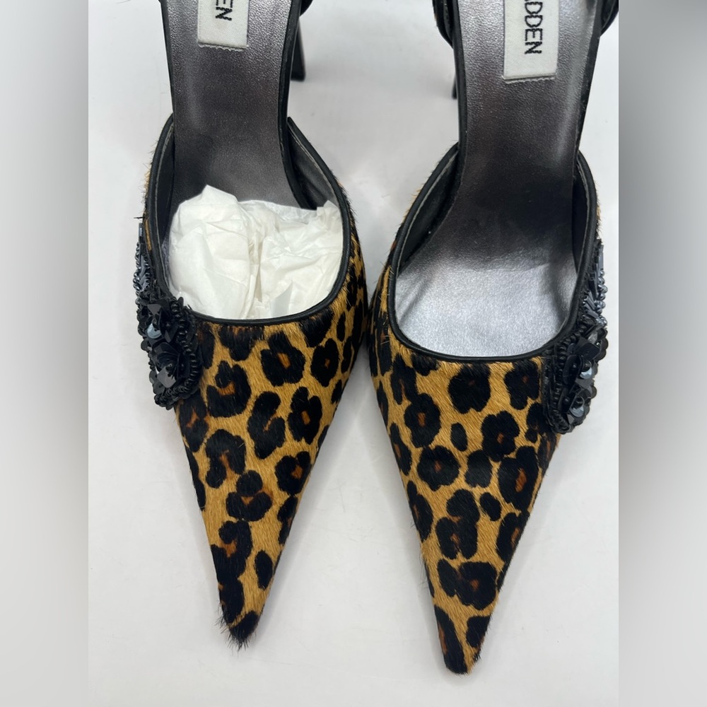 Steve Madden Leopard Print Pony Hair Heels Size 7.5 Pointed Toe With Embellish - Picture 9 of 11